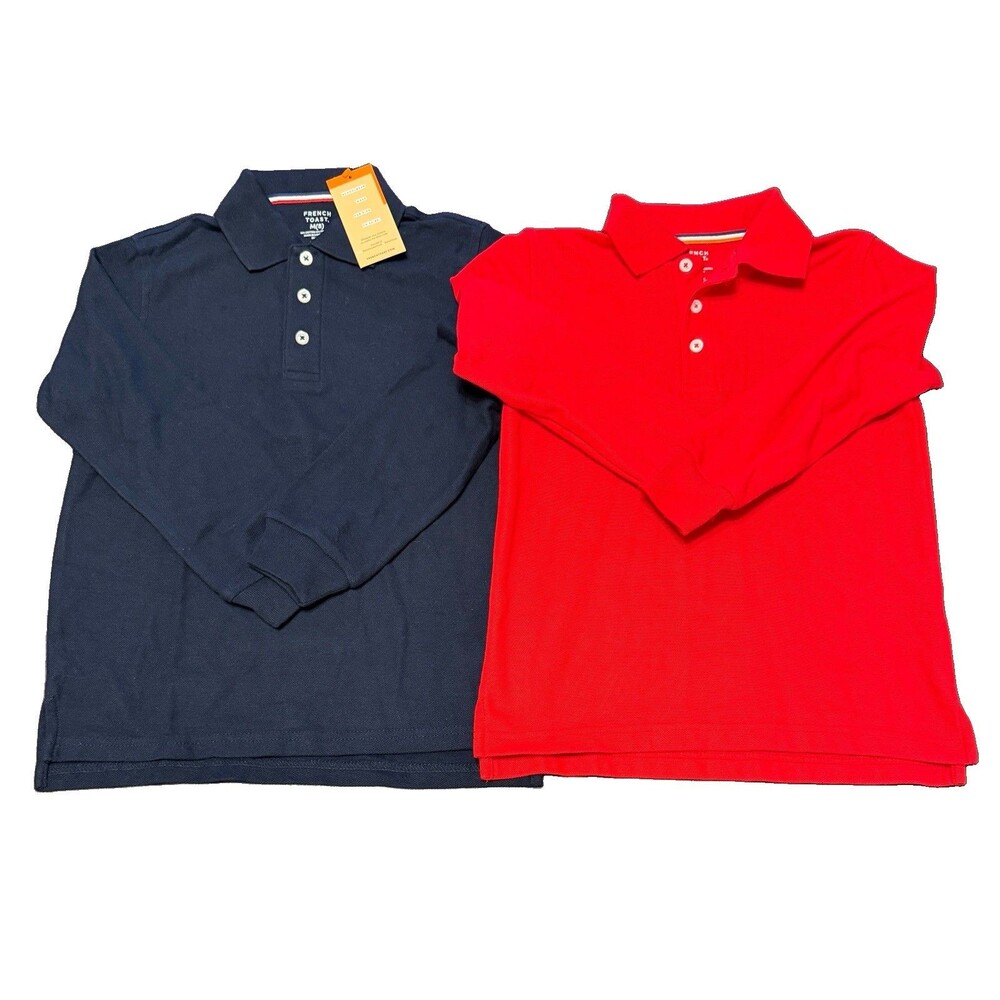 French Toast Long Sleeve Polo Uniform Shirts Boys Size Medium 8 - Red, Navy (2)